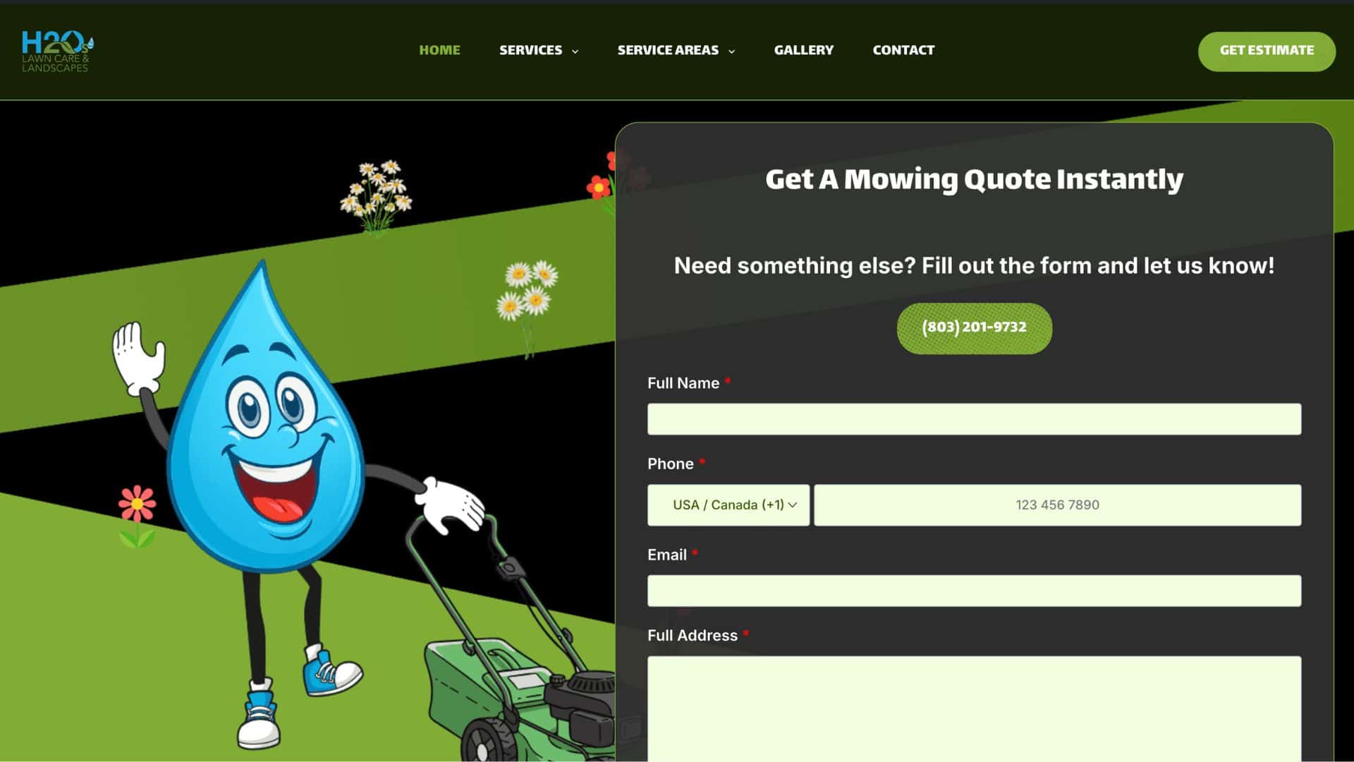 Friendly cartoon water droplet character mowing grass for lawn care services.