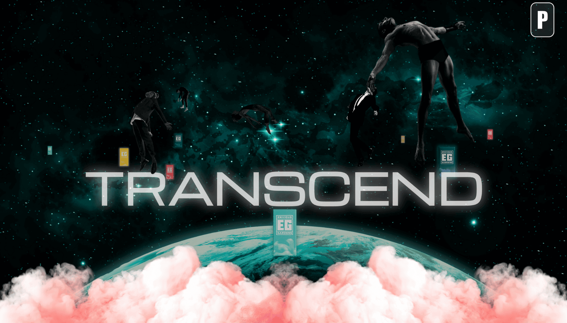 Digital art of people floating above Earth in space with "Transcend" text.